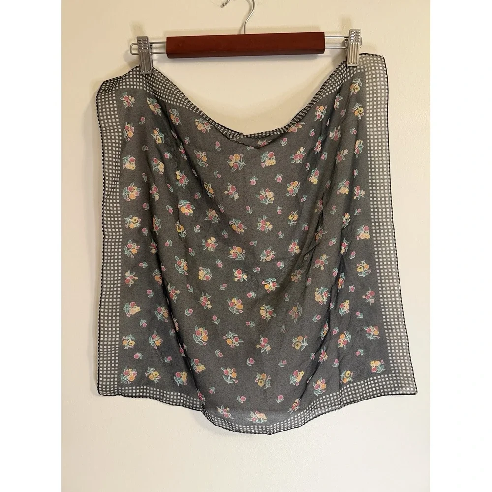 Vintage 90s Echo Black Ditsy Floral Square Scarf - Gingham Border 21x19 In